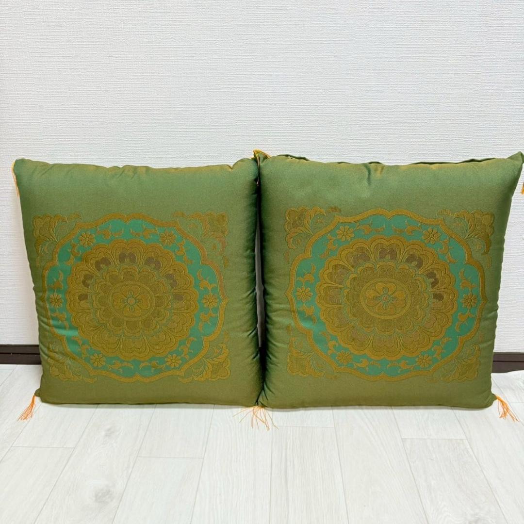 【高級金襴座布団 9枚セット】深緑×金 和風柄 法要 寺院 旅館 座布団セット