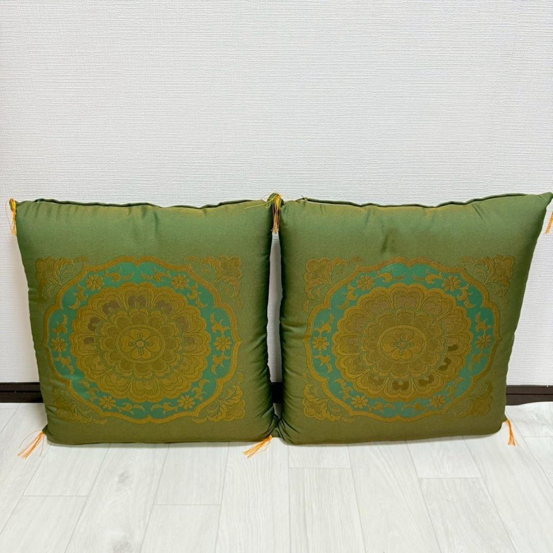 【高級金襴座布団 9枚セット】深緑×金 和風柄 法要 寺院 旅館 座布団セット