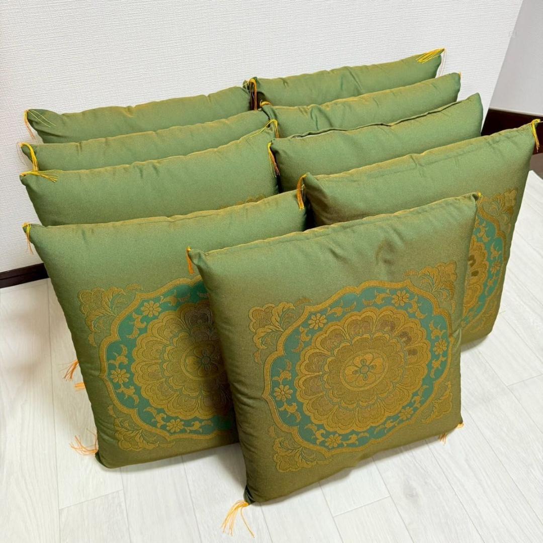【高級金襴座布団 9枚セット】深緑×金 和風柄 法要 寺院 旅館 座布団セット