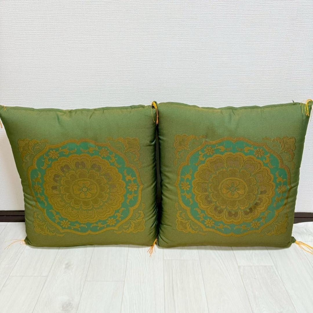 【高級金襴座布団 9枚セット】深緑×金 和風柄 法要 寺院 旅館 座布団セット