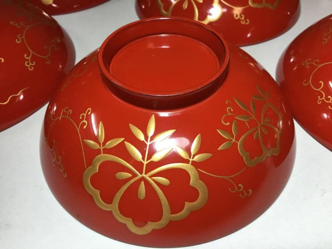 漆塗■ 吸い物椀 / ５客セット / 桐紋■伝統工芸 汁椀 木彫 和食器 漆器ー