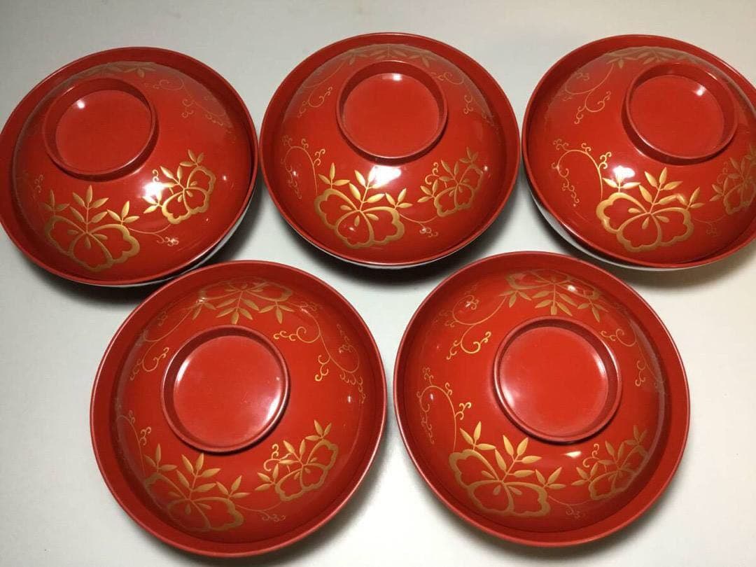 漆塗■ 吸い物椀 / ５客セット / 桐紋■伝統工芸 汁椀 木彫 和食器 漆器ー