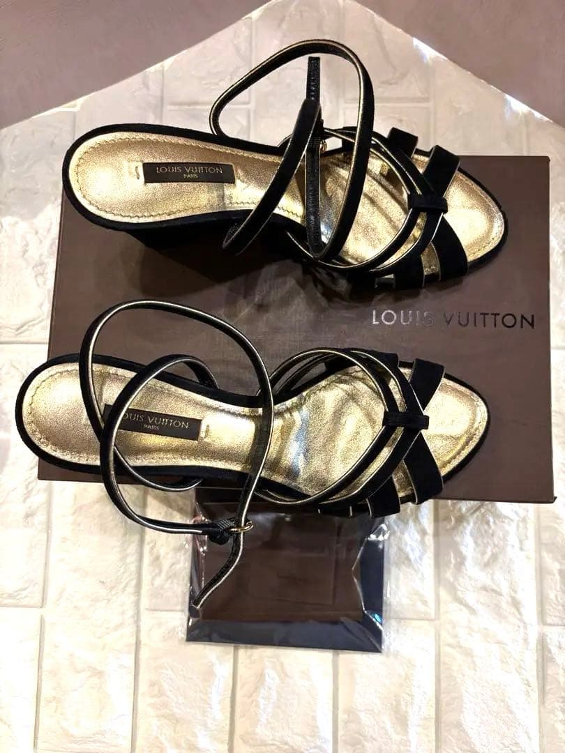 #ルイヴィトンエレガント ブラック スエードストラップヒールサンダル#38