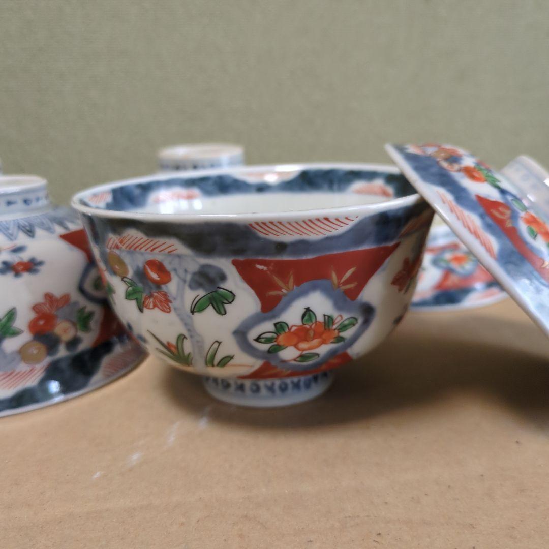 骨董 伊万里 古伊万里 蓋茶碗 色絵 煮物碗 飯碗 　アンティーク　5つ