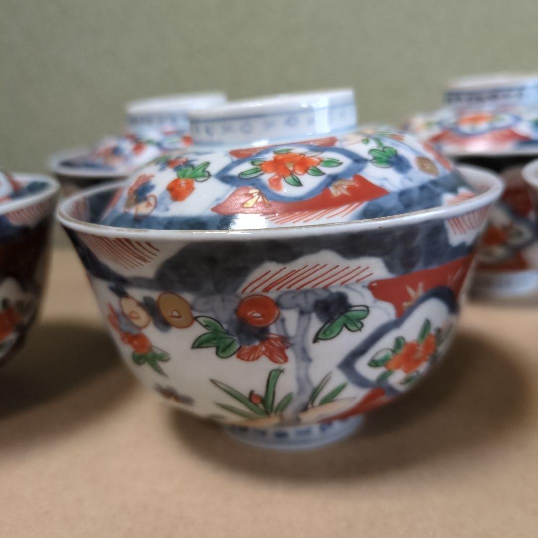 骨董 伊万里 古伊万里 蓋茶碗 色絵 煮物碗 飯碗 　アンティーク　5つ