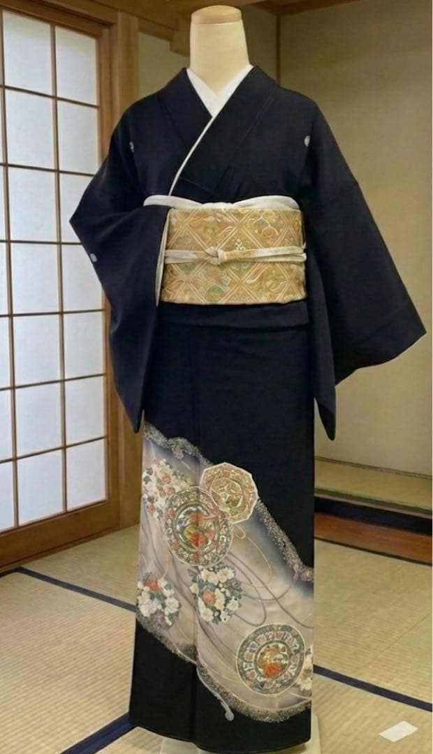 美品　正絹 黒留袖　4点フルセット 鳳凰　袋帯　結婚式　比翼仕立て　五つ紋