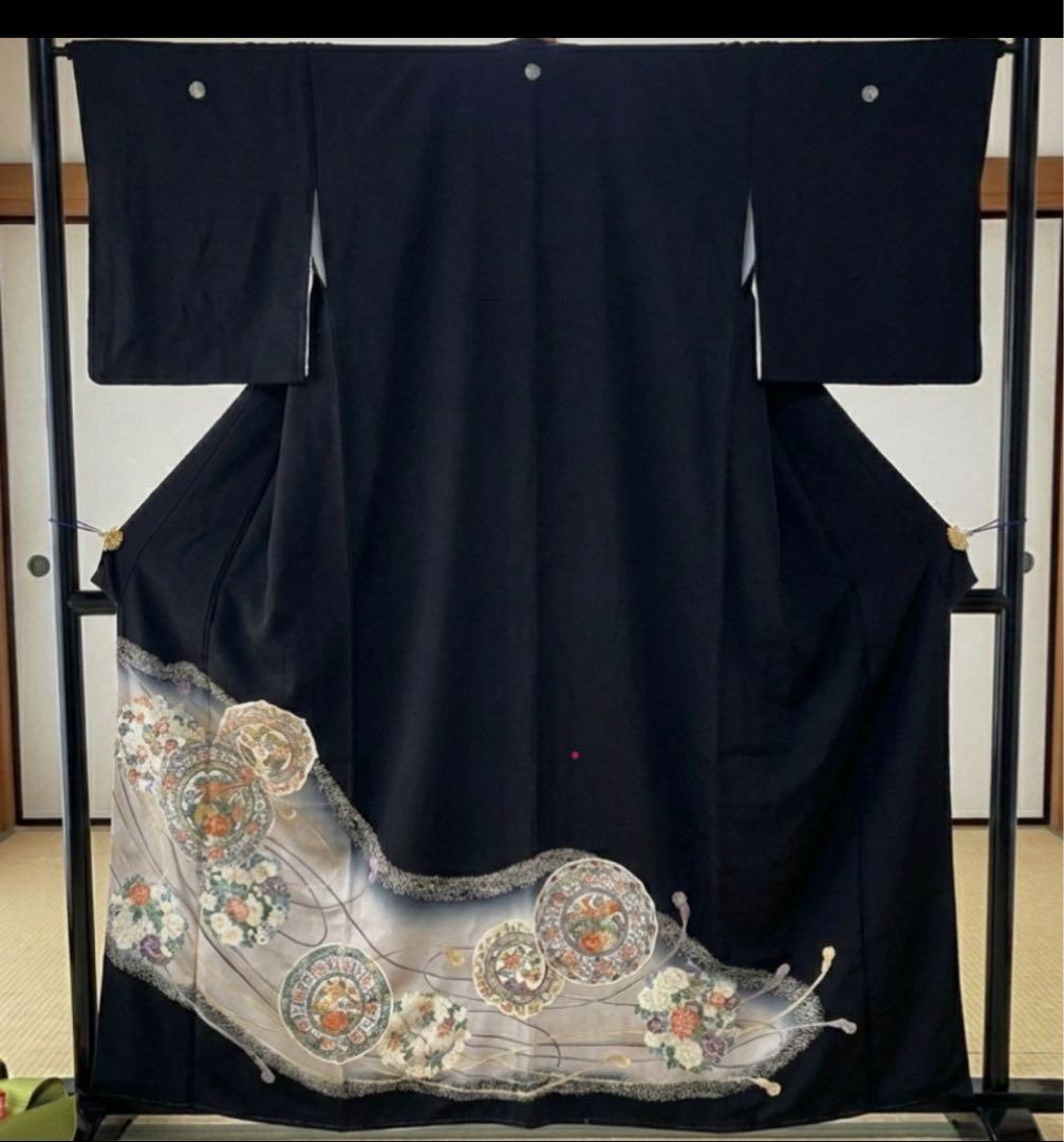 美品　正絹 黒留袖　4点フルセット 鳳凰　袋帯　結婚式　比翼仕立て　五つ紋