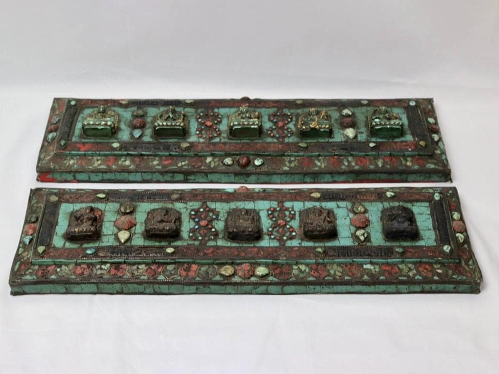 【仏】　★ 仏教 嵌松石護経板 ★　清朝期　仏像 経文 彫刻文様　雅玩雑項