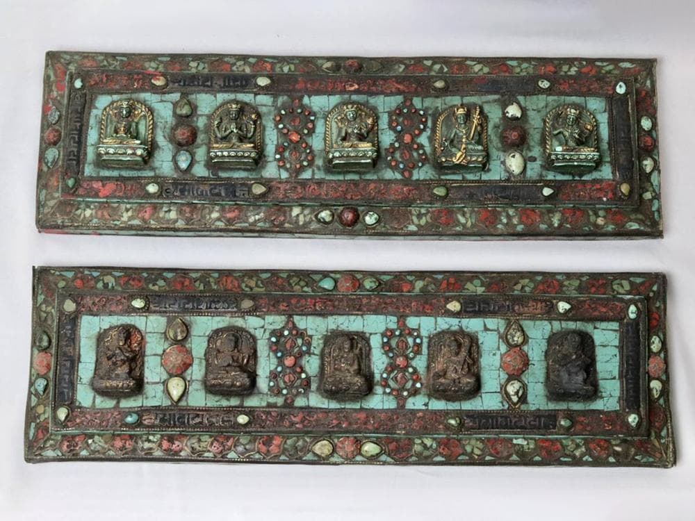 【仏】　★ 仏教 嵌松石護経板 ★　清朝期　仏像 経文 彫刻文様　雅玩雑項