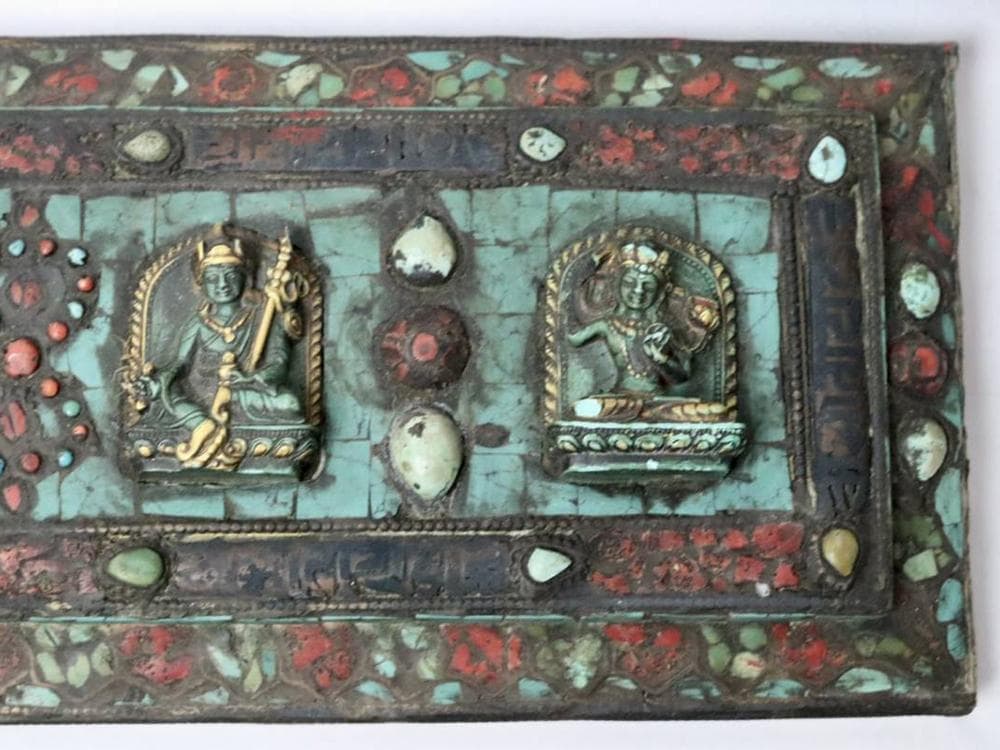 【仏】　★ 仏教 嵌松石護経板 ★　清朝期　仏像 経文 彫刻文様　雅玩雑項