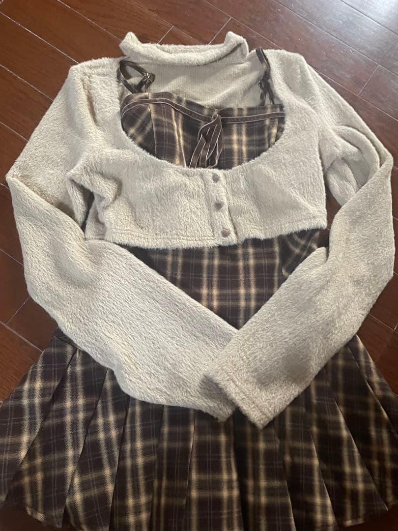 bunny lis ファーボレロ×チェックミニワンピース　ブラウン　M