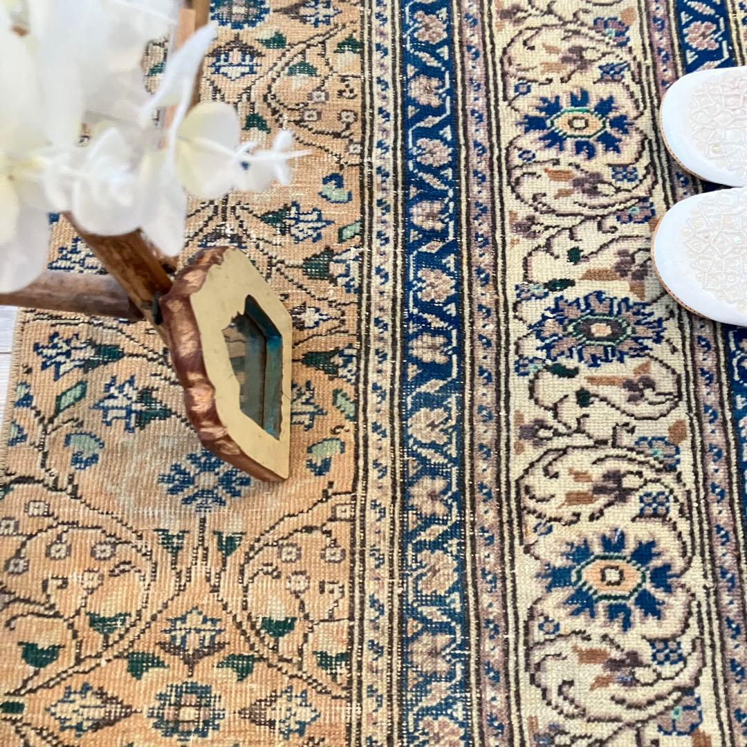 密織　繊細　デニムネイビー　淡いイエロークリームベージュ　トルコヴィンテージラグ