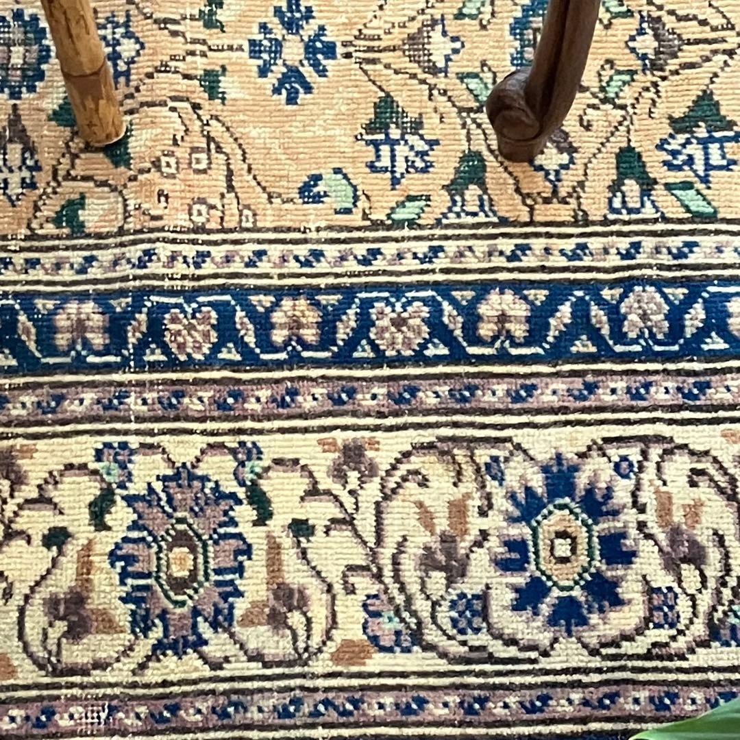 密織　繊細　デニムネイビー　淡いイエロークリームベージュ　トルコヴィンテージラグ