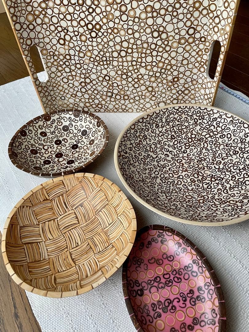 竹製トレイ、木製デコレーションボウル、木の器5点まとめて