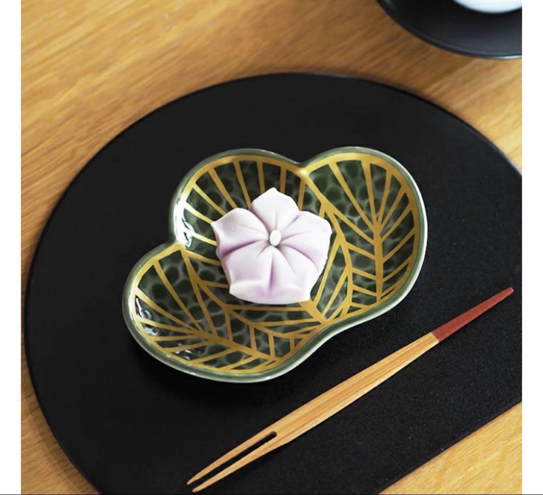 有田焼　幸楽窯　錦茶緑金松葉形前菜皿　銘々皿4点セット