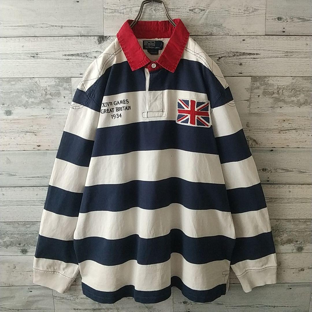 希少☆ポロバイラルフローレン 太ボーダー 刺繍 イギリス 襟切替 ラガーシャツ