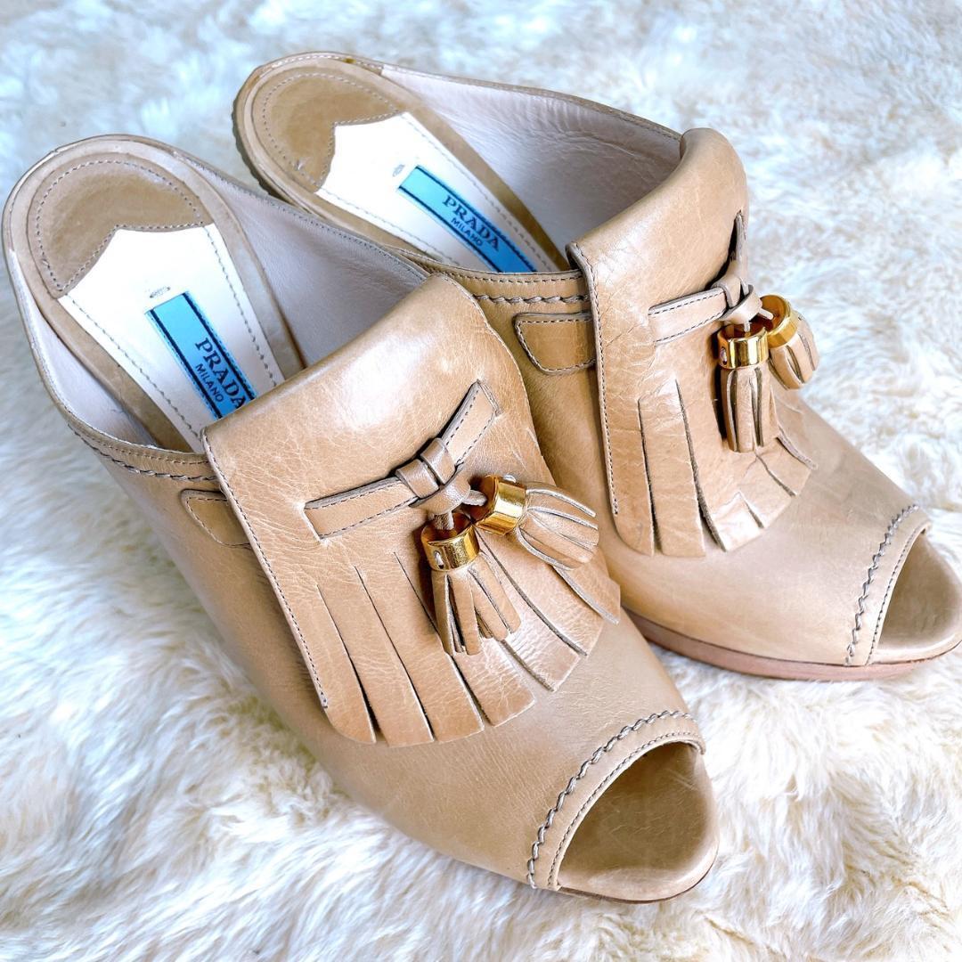 PRADA プラダ　ミュール　ハイヒール　タッセル　ピンクベージュ