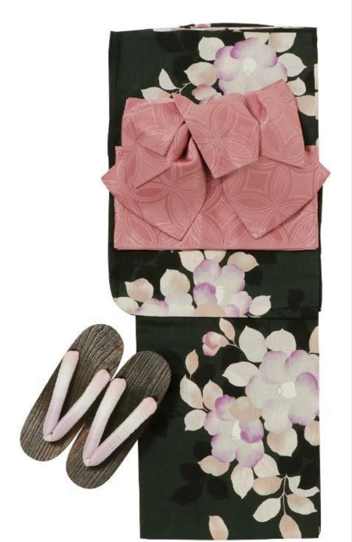 可憐椿柄浴衣 ゆかた 作り帯 セット 下駄 大人っぽい シック 新品　グリーン