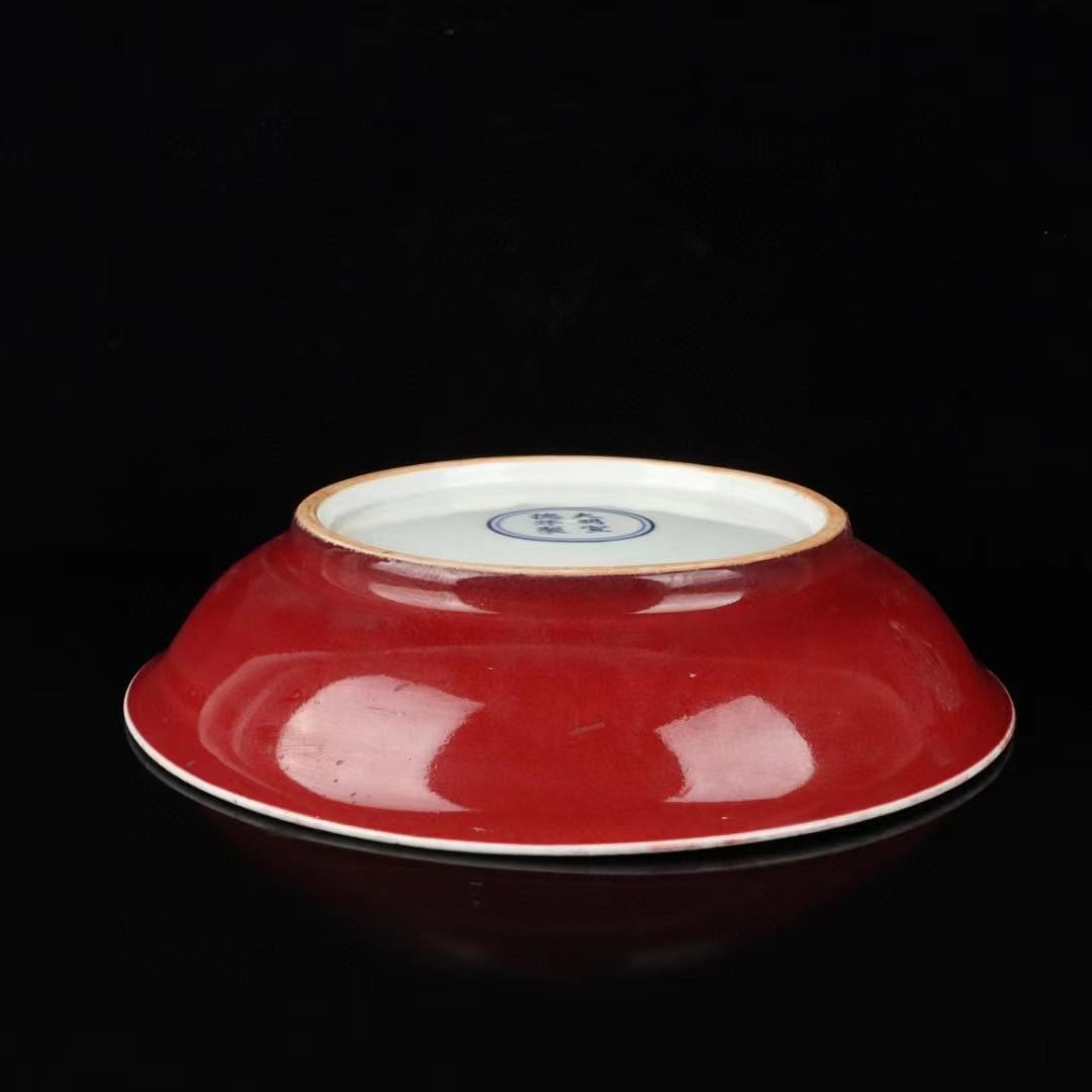 中国古美術✦大明宣徳紋 霽藍紅釉浮彫り花卉紋盤セット✦置物・文房具・陶芸・観賞皿