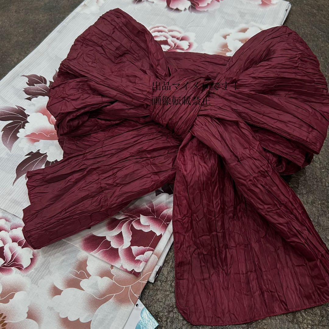 浴衣　大きめサイズ　浴衣 3L 牡丹　兵児帯　ボルドー　2点　新品　0706①