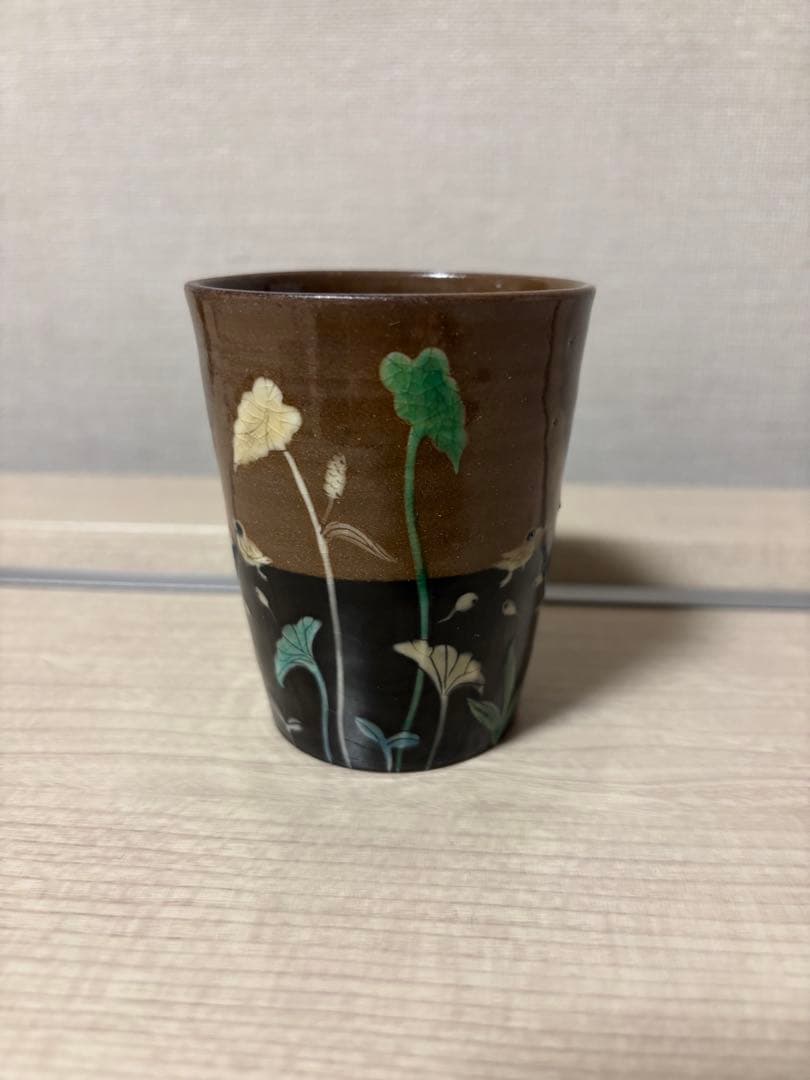 未使用_フジタチサト（スナフジタ）湯呑み 鯉 カモ ハス サイン有 新品 希少