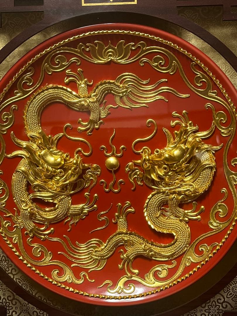 置物　二竜戱珠　金色　黄金　稀少品　黄金成色検测証書付
