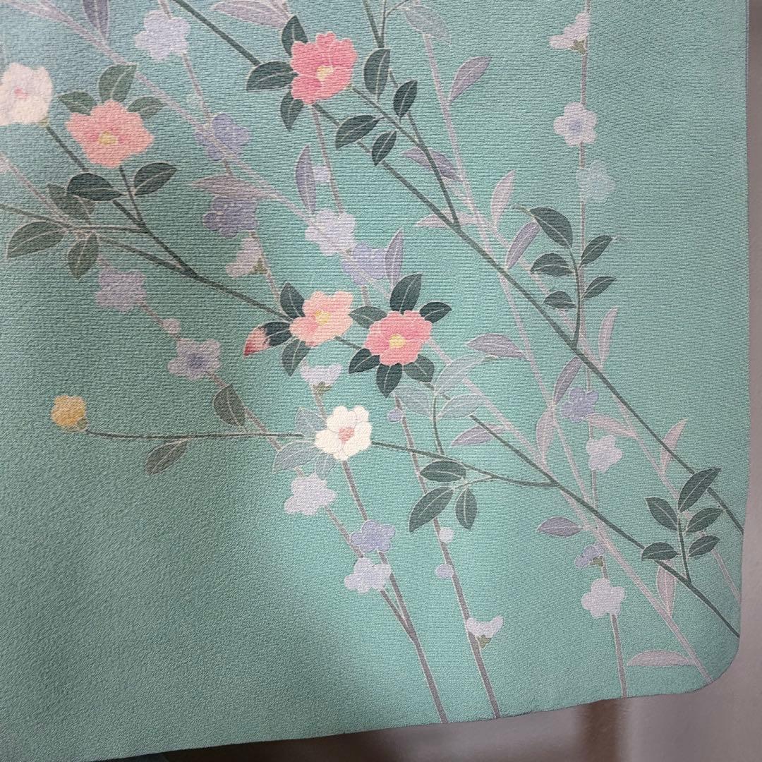 超美品　正絹　訪問着　着物　160　水色　作家物　峰山和生　手書き友禅　紋無し