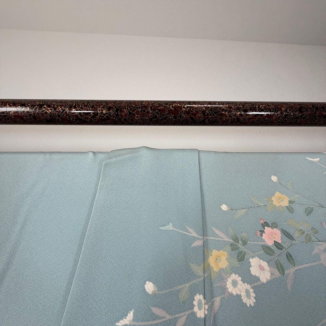 超美品　正絹　訪問着　着物　160　水色　作家物　峰山和生　手書き友禅　紋無し