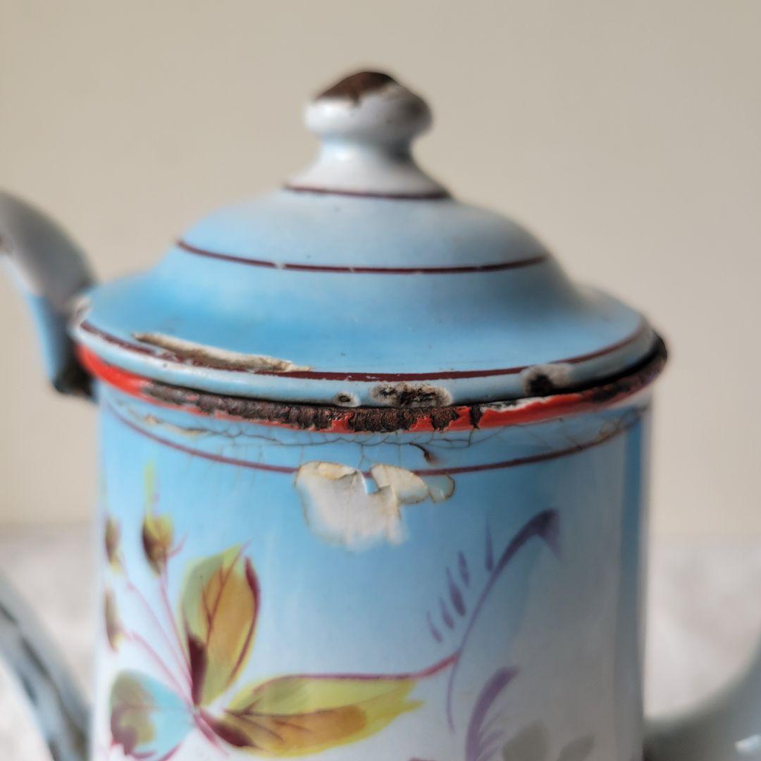 フランス　アンティーク　コーヒーポット　ホーロー　ブルー