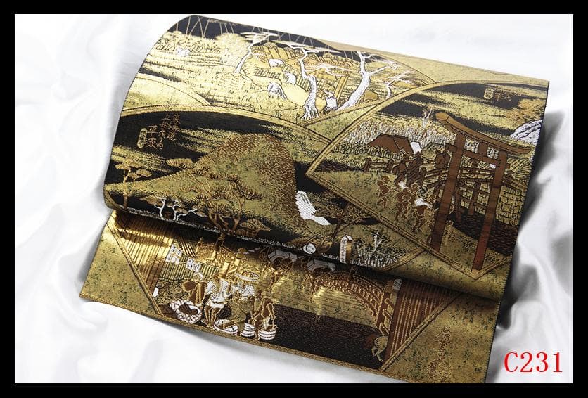 C231厳選西陣　引箔本金箔二重織　東海道五十三次全景図全通高級美術袋帯新品同様