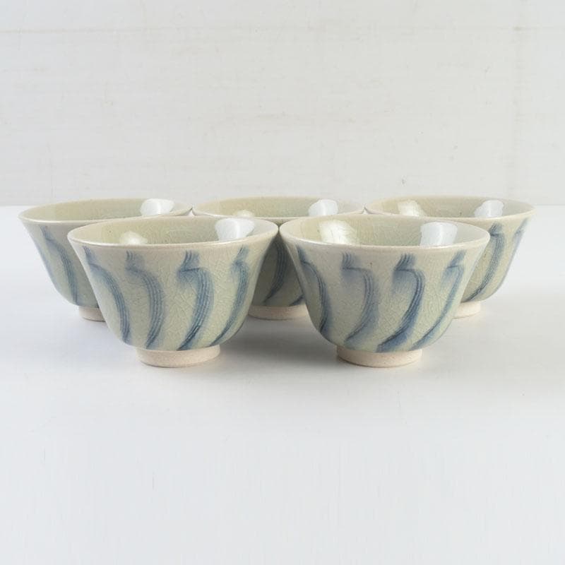 茶道具　御深井焼　南山窯　田沼春ニ作　染付　汲出茶碗　五客　共箱　V　9298