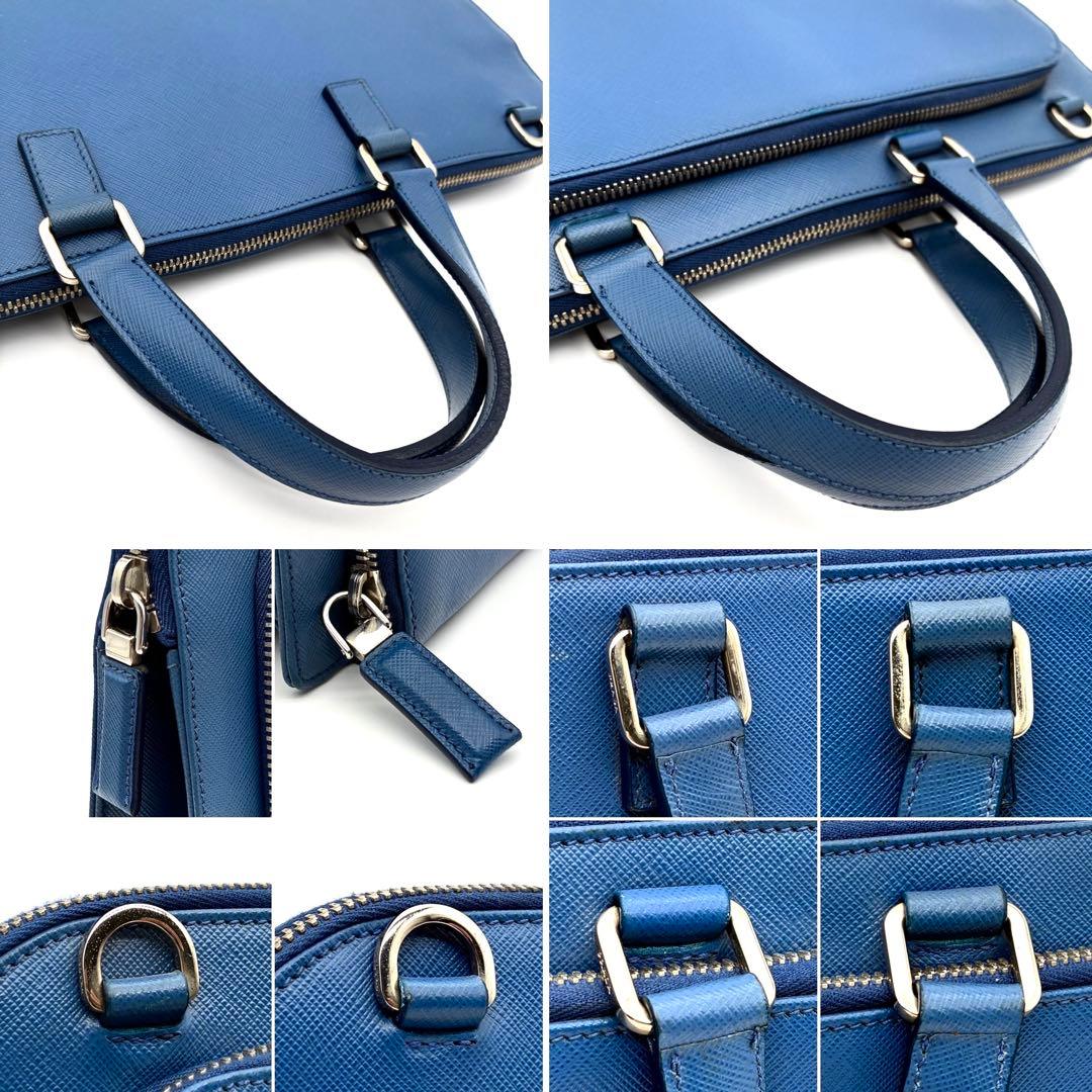 極美品 プラダ ビジネスバッグ 三角ロゴ サフィアーノレザー 白タグ ブルー