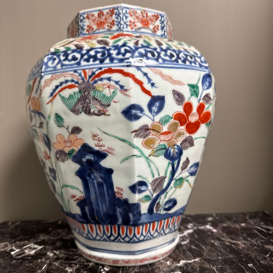 江戸中期、寛政。古伊万里、色絵、面取り大壺、慈照庵、永竹、極。　共箱桐、四方箋。