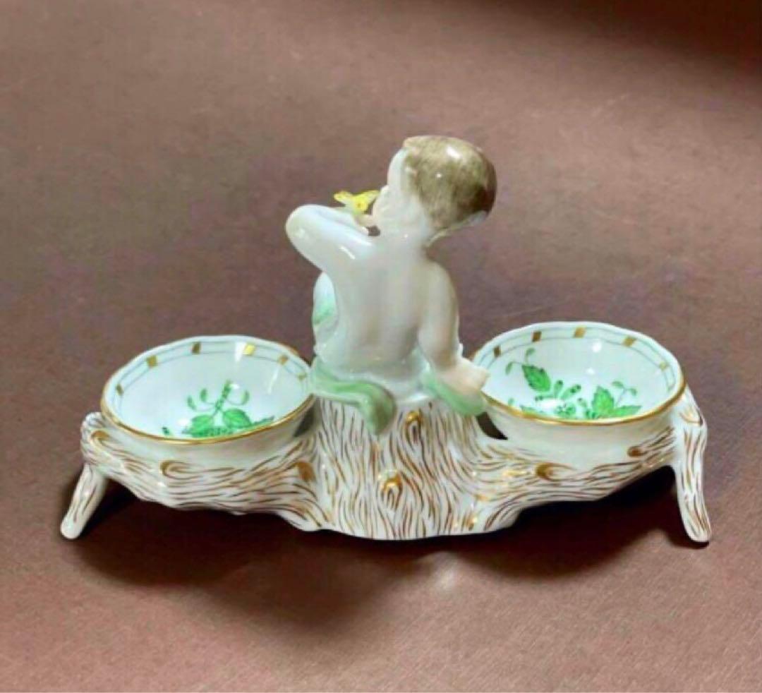 HEREND ヘレンドアポニーグリーンエンジェルセラーソルト＆ペッパー天使皿レア