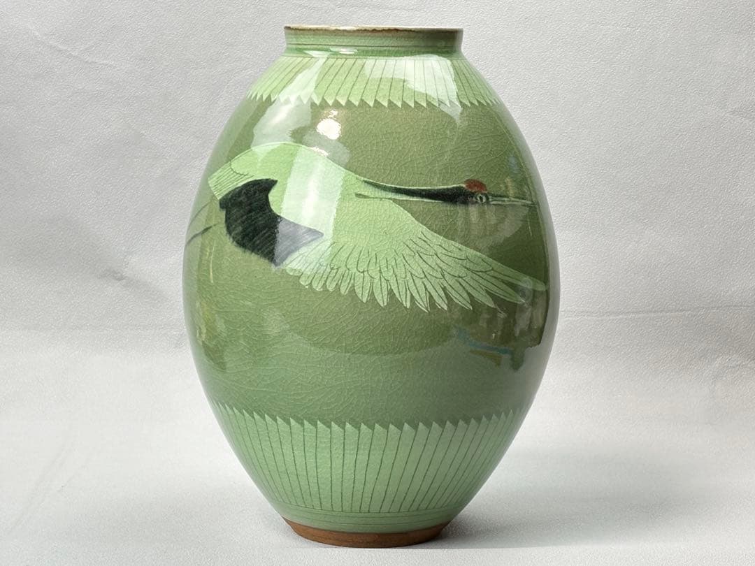 【未使用】美濃雅山窯【中島正雄】作 青磁鶴紋 花瓶 共箱栞付 R811128