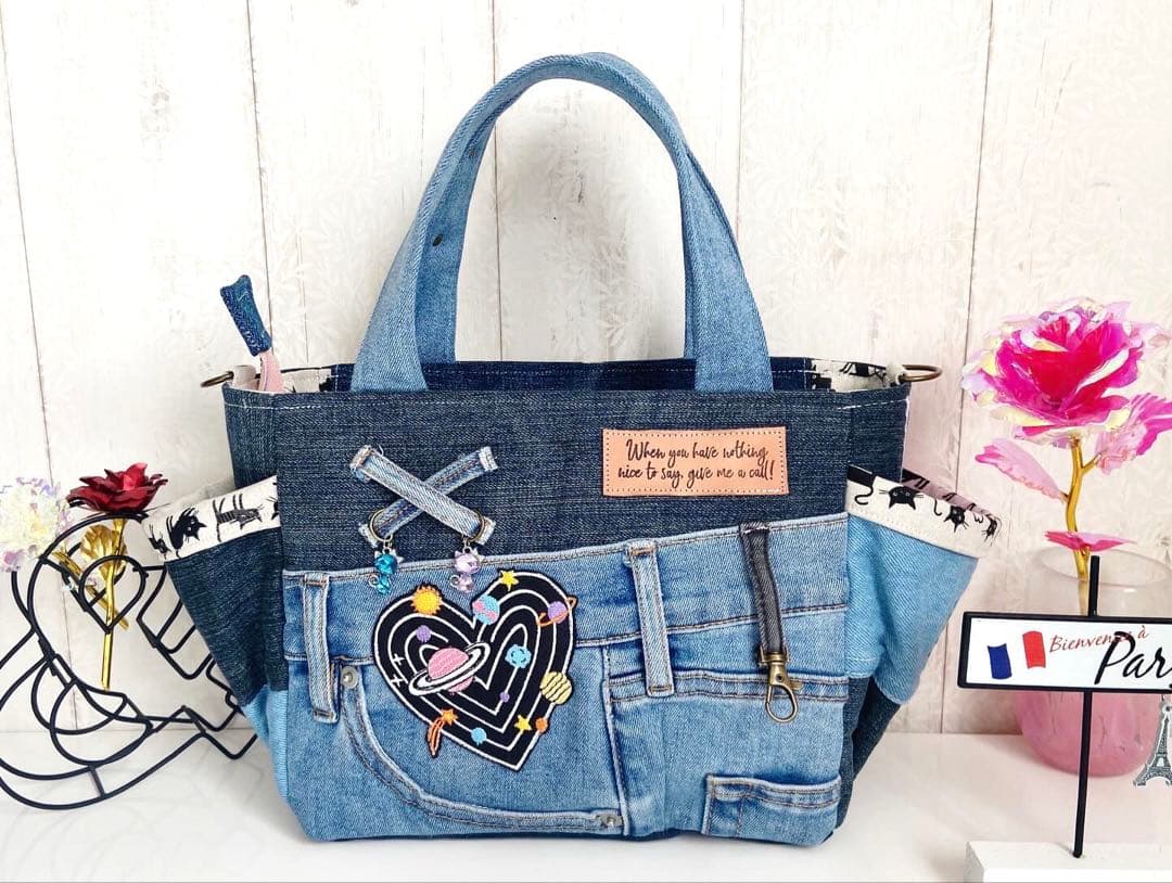 デニムリメイクバックS パールデニム×猫