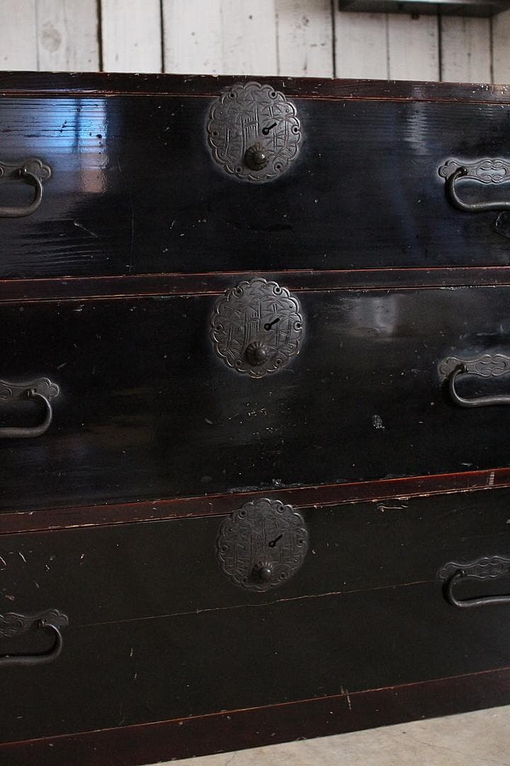 丸金具　時代庄内箪笥 3段　タンス　収納　古家具　古民家　時代家具