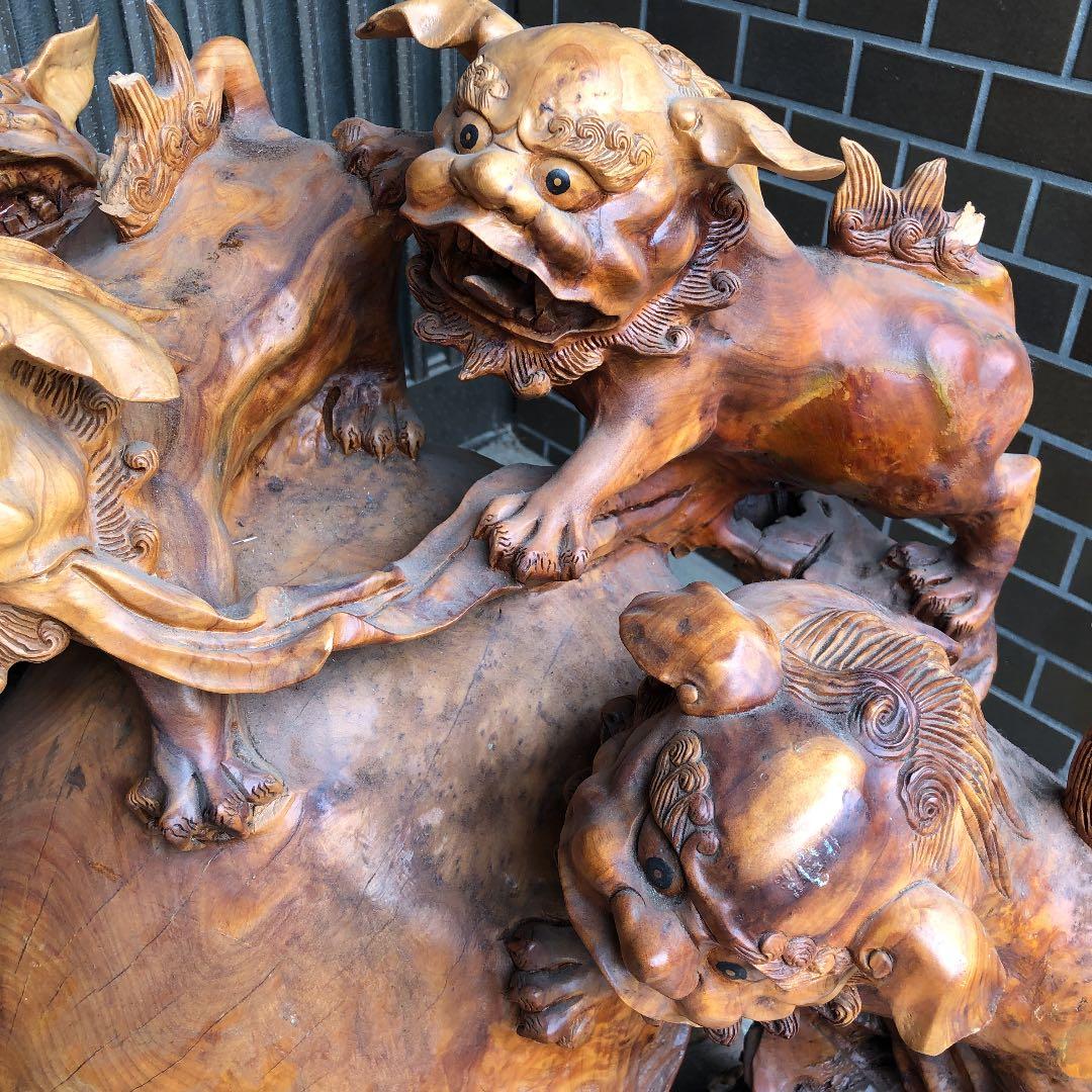 骨董品 玉杢 特大 獅子 木彫り 時代品