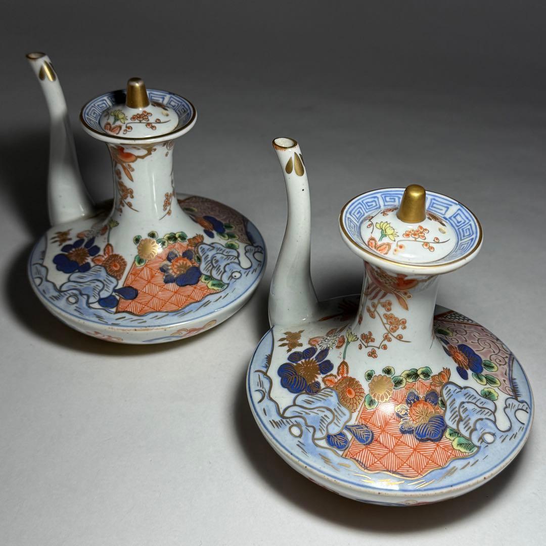 ◆伊万里 染錦金彩花鳥文銚子一対 酒器 上手品 明治時代◆