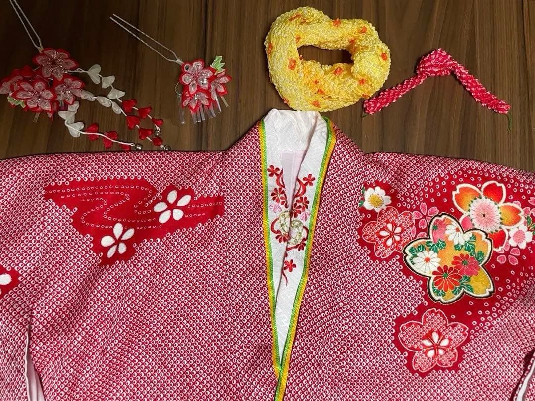 七五三 6歳　7歳　女の子着物　新品帯 正絹　フルセット　赤の鹿子柄　日本製