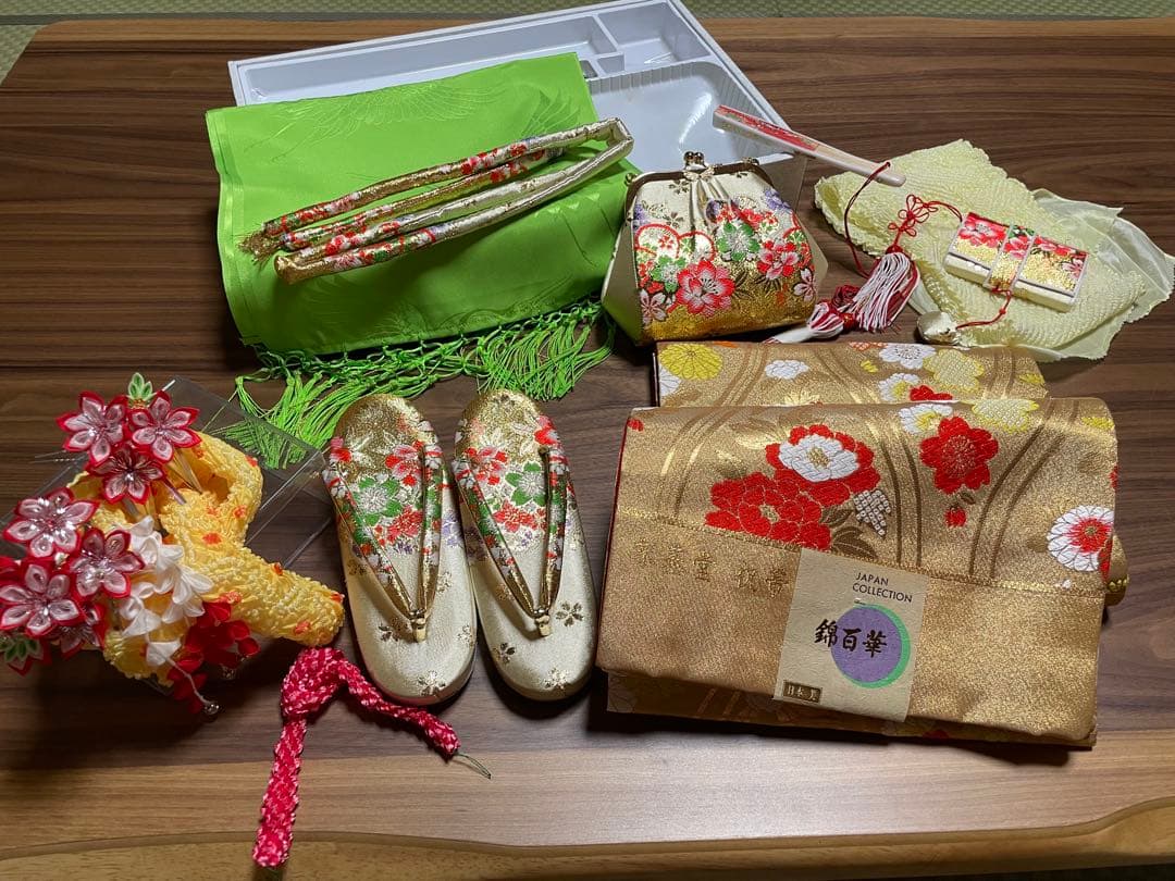 七五三 6歳　7歳　女の子着物　新品帯 正絹　フルセット　赤の鹿子柄　日本製