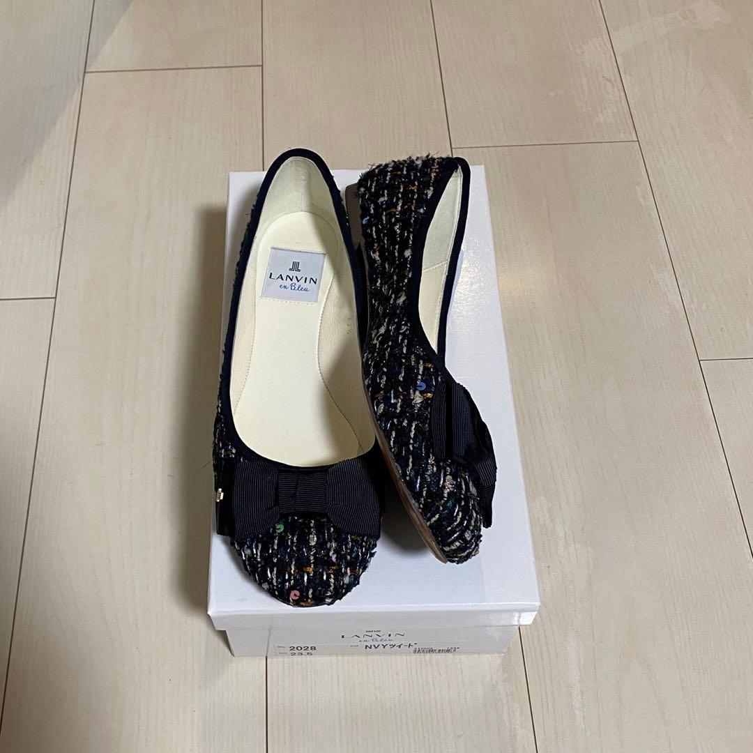 LANVINenBleuリボン付ツイードバレエシューズ23.5cm ネイビー