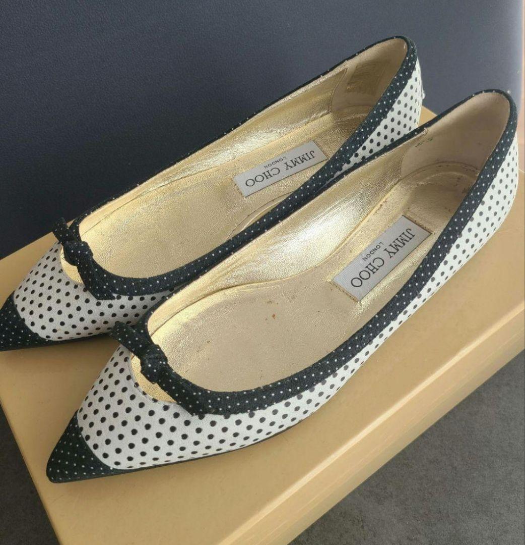 ドット柄ポインテッドトゥフラットシューズ