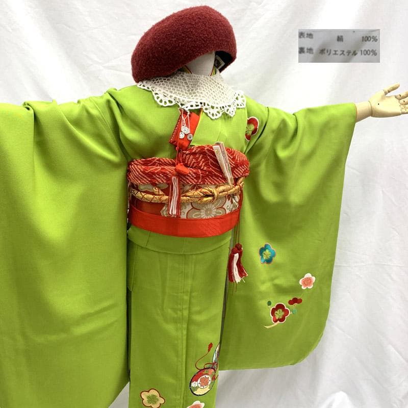 510ag14■七五三 七歳 女児 着物&丸帯&長襦袢 刺繍 鼓 梅■状態良好