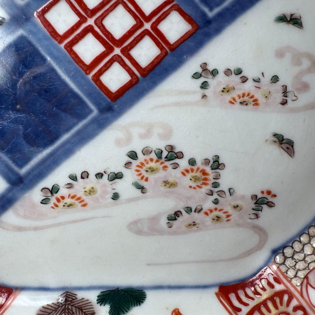 古伊万里　色絵幾何学文木瓜形皿　五客　裏文様有　巻物　宝珠　幕末〜明治期