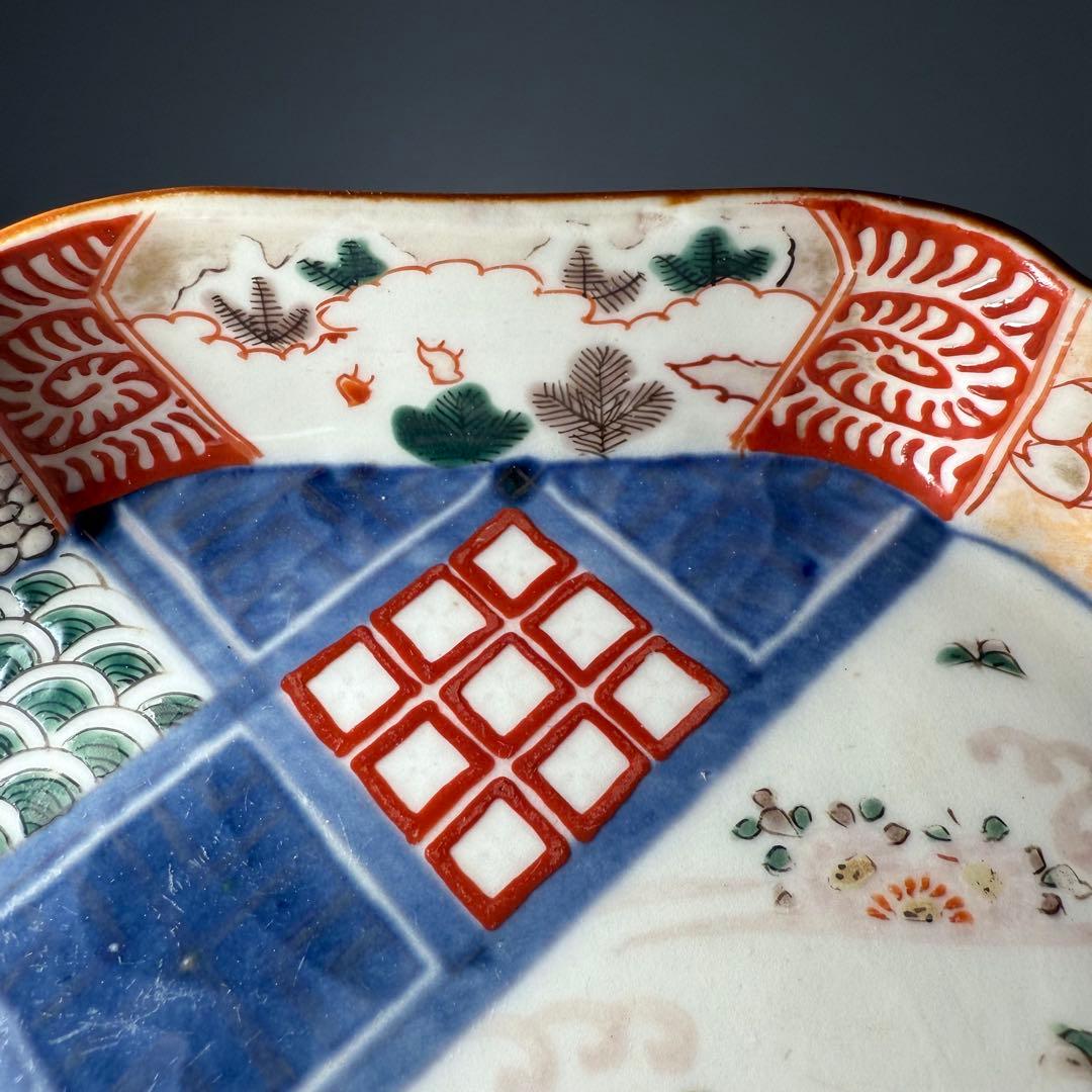 古伊万里　色絵幾何学文木瓜形皿　五客　裏文様有　巻物　宝珠　幕末〜明治期