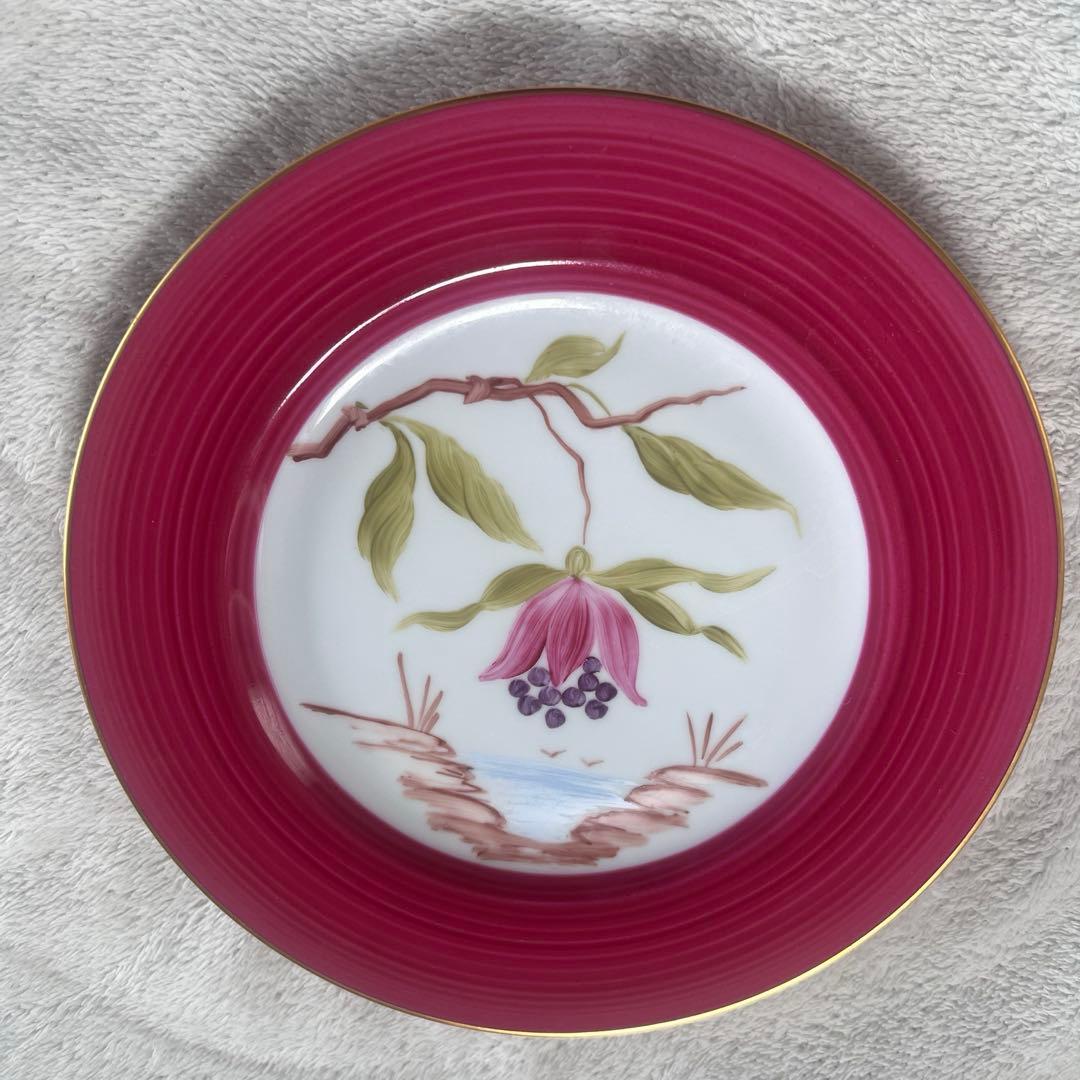MarieDaageリモージュ　デザートプレート　フューシャピンク　ボタニカル柄