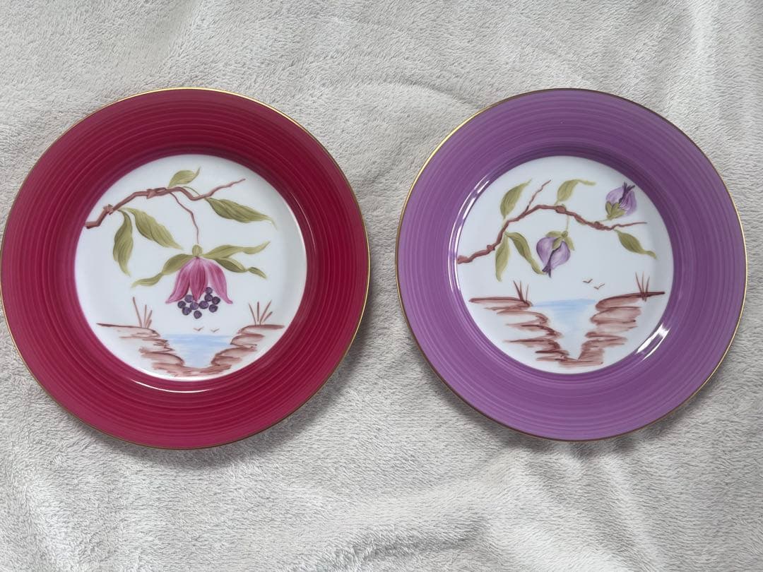 MarieDaageリモージュ　デザートプレート　フューシャピンク　ボタニカル柄