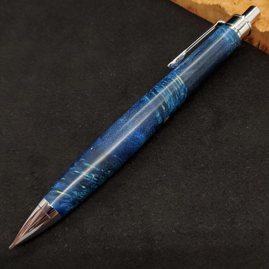 24Bハンドメイド木軸シャーペンスタビライズドウッド青