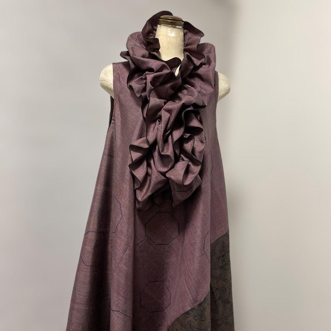 着物ワンピーステントラインマキシ丈《11》大島紬や紬等(7マルキ含)M〜L